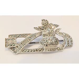 Vintage Sterling Silver Marcasite Vase Brooch Pin Floral Foliage Design Art Deco